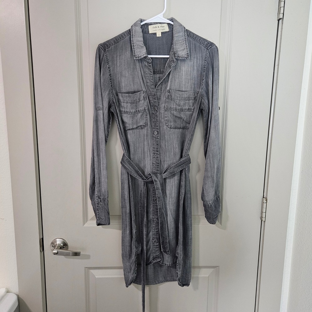 Cloth & Stone Gray Tencel Lyocell Button Front Belted Shirt Dress Size S